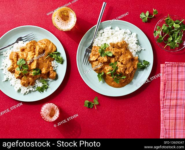 Chicken korma, rice and coriander