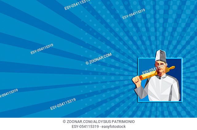 Business card showing Low polygon style illustration of a chef cook baker holding rolling pin on shoulder viewed from front set inside square shape on isolated...
