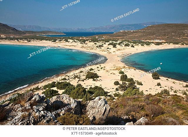 Looking down on Simos beach on the island of Elafonissos, Lakonia, Peloponnese, Greece