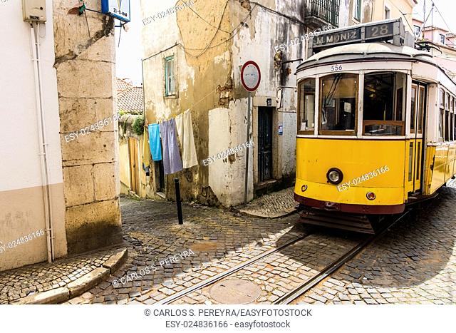 Classic tram route 28 in Alfama district in Lisbon Portugal