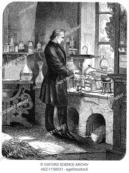 Justus von Liebig, German chemist, at work in his laboratory, mid 19th century (c1885). Liebig (1803-1873) was one of the most illustrious chemists of his age;...