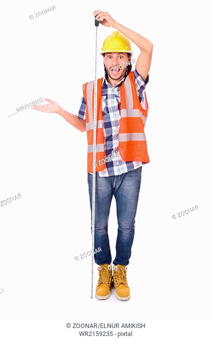 Funny construction worker with tape-line isolated on white