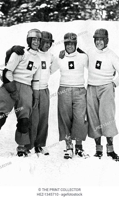 Swiss four man bobsleigh team, Winter Olympic Games, Garmisch-Partenkirchen, Germany, 1936. The team of Reto Capradut, Hans Aichele