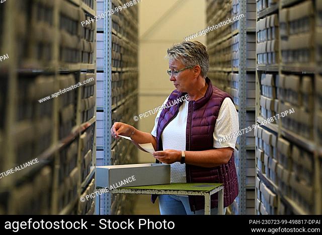 PRODUCTION - 11 July 2023, Hesse, Bad Arolsen: Nicole Dominicus, Head of the Archive Technology Department, stands between boxes of clue cards in the archive...