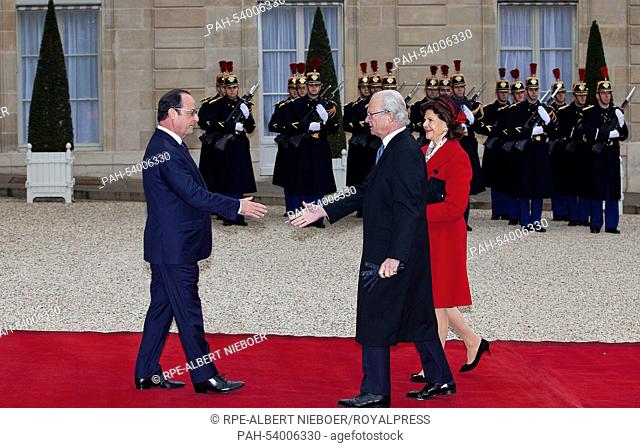 Swedish King Carl XVI Gustaf and Queen Silvia of Sweden arrive for a meeting with French President Francois Hollande at the Elysee Palace in Paris, France