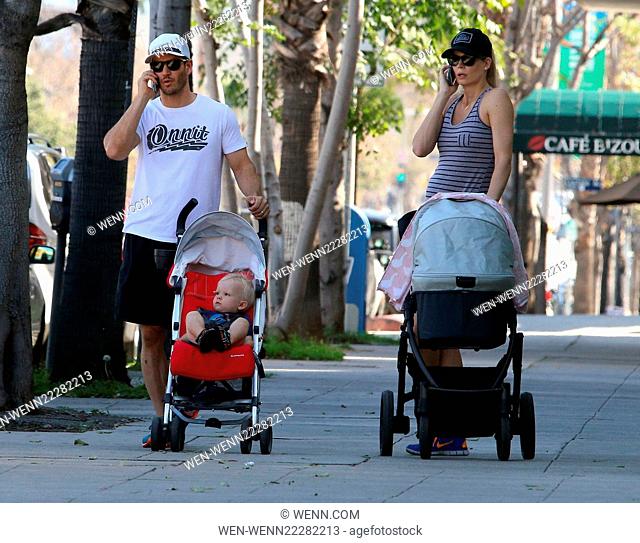 Mark-Paul Gosselaar and his wife Catriona McGinn multitask while taking some family time out with their newborn baby girl, Lachlyn Hope and son Dekker