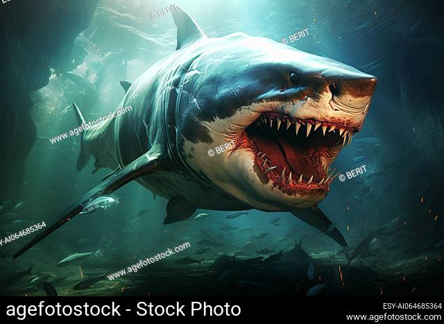 Megalodon shark, prehistoric sea creature, predator of pliocene, extinct species, generative AI