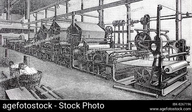 Maschine zur Papierherstellung im 19. Jahrhundert: Langsiebmaschine, digital restaurierte Reproduktion einer Originalvorlage aus dem 19. Jahrhundert