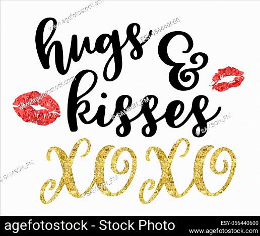 Handwritten brush lettering with red lips of a woman. Vector lipstick kisses isolated on a white background Kiss and Muah phrases for Valentine's Day
