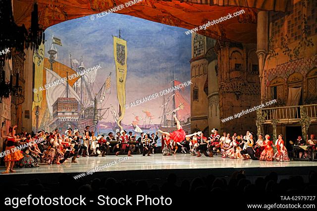 RUSSIA, ST PETERSBURG - SEPTEMBER 23, 2023: Artists perform in a scene from a production of the Don Quixote ballet based on Miguel de Cervantes’ novel staged by...