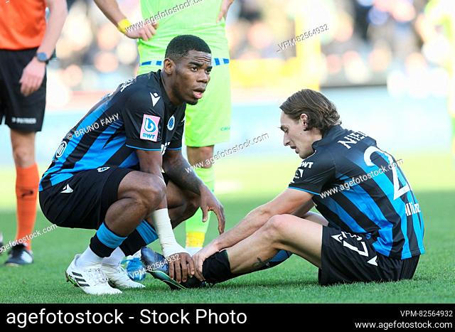 Club's Casper Nielsen lies injured on the ground during a soccer match between Club Brugge and KAA Gent, Sunday 17 December 2023 in Brugge