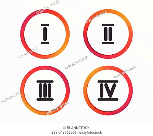 Roman numeral icons. 1, 2, 3 and 4 digit characters. Ancient Rome numeric system. Infographic design buttons. Circle templates. Vector