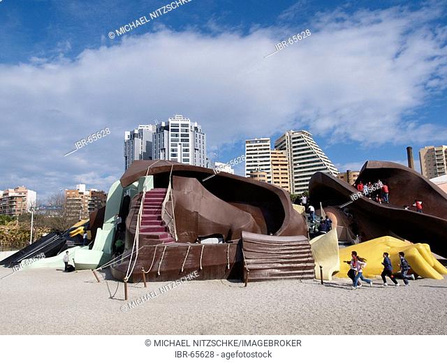 Modern town design with a children`s playground in Valencia, Spain