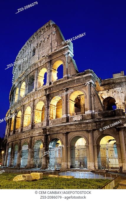 The Roman Colosseum and car light-trails, Rome, Lazio, Italy, Europe