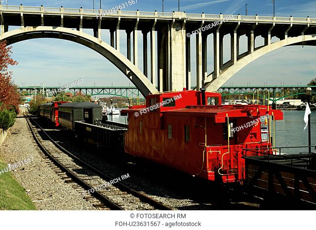 Knoxville, TN, Tennessee, Tennessee River, bridge, train, red caboose