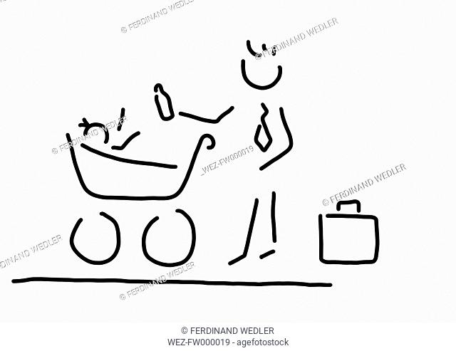 Man as modern father with baby, father's role, line drawing, black and white