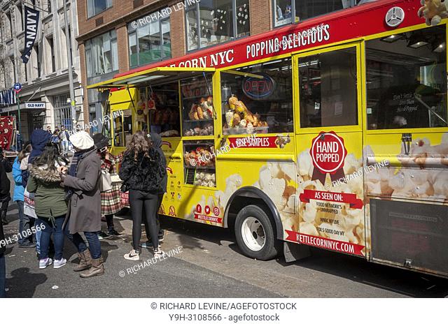 Kettle Corn popcorn truck on Sixth Avenue during one of the first street fairs of the season on Sunday, April 8, 2018