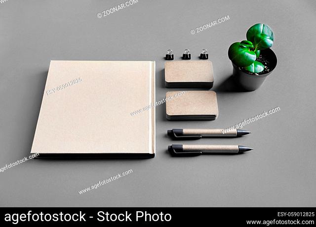 Blank kraft stationery template on gray paper background. Mock-up for branding identity. For design presentations and portfolios