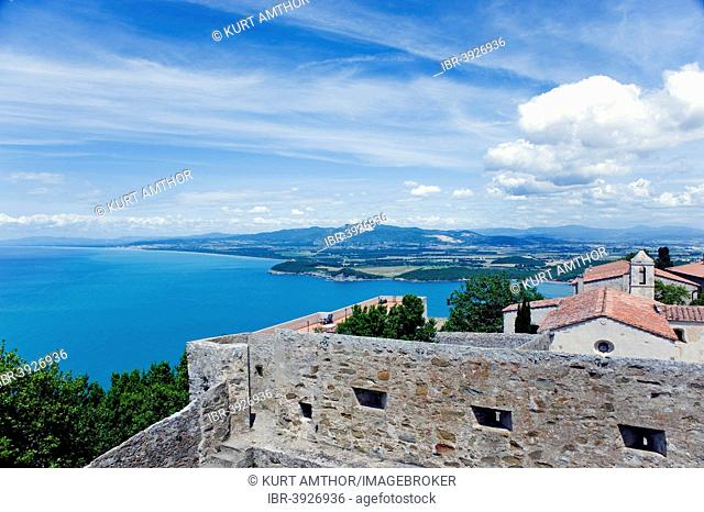 View from Torre di Populonia of Populonia Castle and the Gulf of Baratti, Populonia, Province of Livorno, Tuscany, Italy