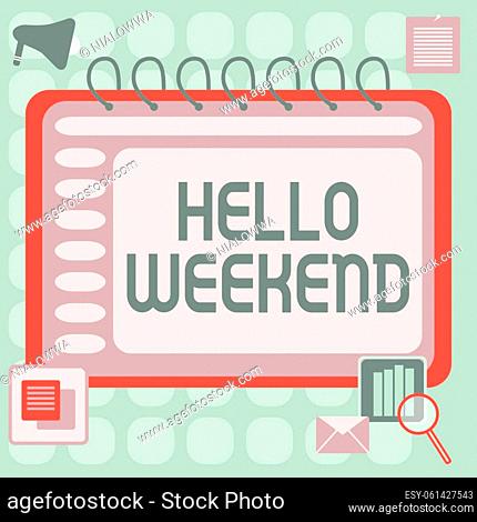 Conceptual caption Hello Weekend, Business idea Getaway Adventure Friday Positivity Relaxation Invitation Blank Open Spiral Notebook With A Calculator And A Pen...