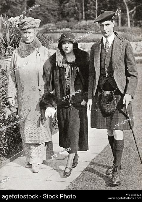 EDITORIAL Mary of Teck with the Duke and Duchess of York, seen here at Balmoral in 1924. Mary of Teck, 1867 -1953. Queen of the United Kingdom and Empress of...