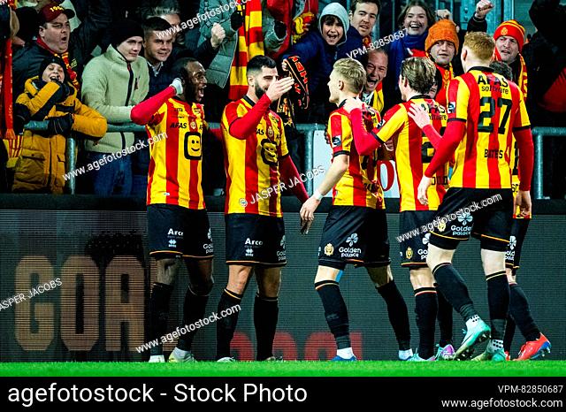 Mechelen's Lion Lauberbach celebrates after scoring during a soccer match between KV Mechelen and Standard de Liege Wednesday 20 December 2023 in Mechelen
