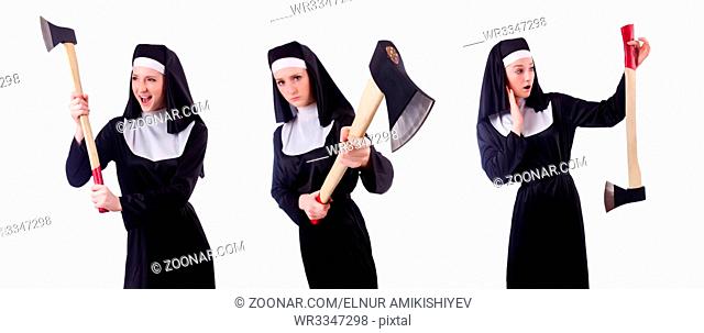 Nun with axe isolated on white