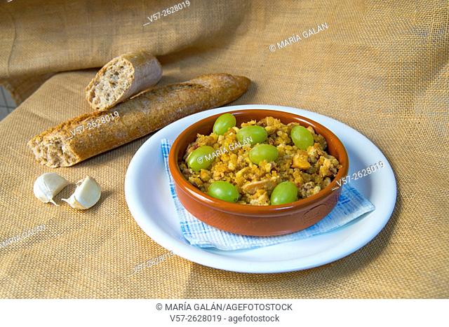 Migas manchegas with some ingredients. La Mancha, Spain