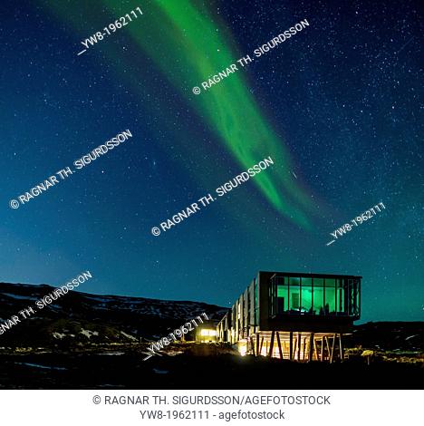 Aurora borealis over Hotel ION, located by Nesjavellir Power Plant, Iceland
