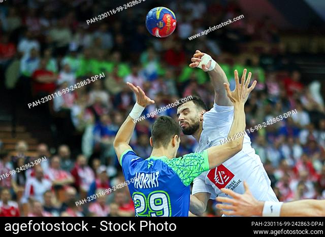 16 January 2023, Poland, Kattowitz: Handball: World Championship, Slovenia - France, preliminary round, group B, match day 3 at Spodek Katowice