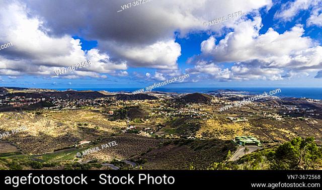 Panoramic viewpoint from Bandama across to Las Palmas de Gran Canaria and its surroundings, Canary Islands, Spain
