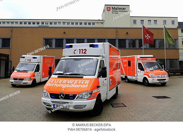 Several ambulances are ready for action in Duesburg, Germany, 10 April 2013. People within the Maltese Hospital St. Anna were evacuated