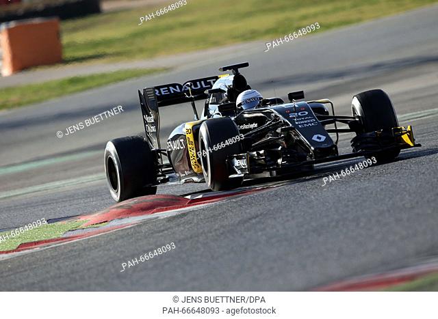 Danish Formula One driver Kevin Magnussen of Renault Sport F1 steers his car during the training session for the upcoming Formula One season at the Circuit de...