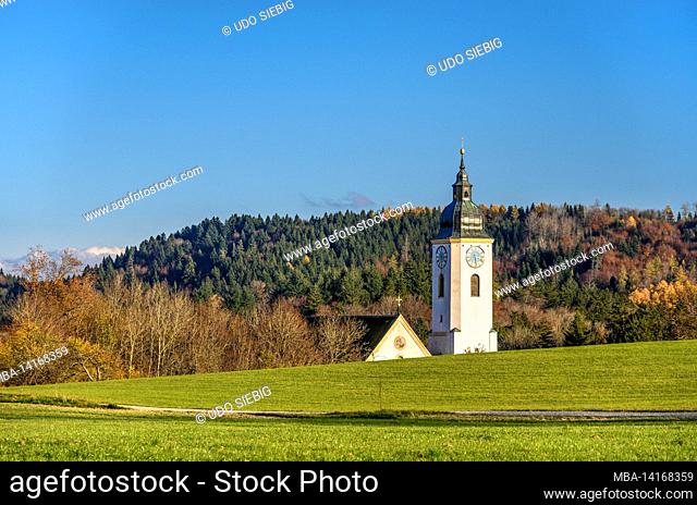germany, bavaria, upper bavaria, tölzer land, dietramszell, dietramszell monastery, maria himmelfahrt monastery church, view from kreuzbichel