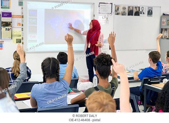 Female teacher in hijab teaching lesson at projection screen in classroom