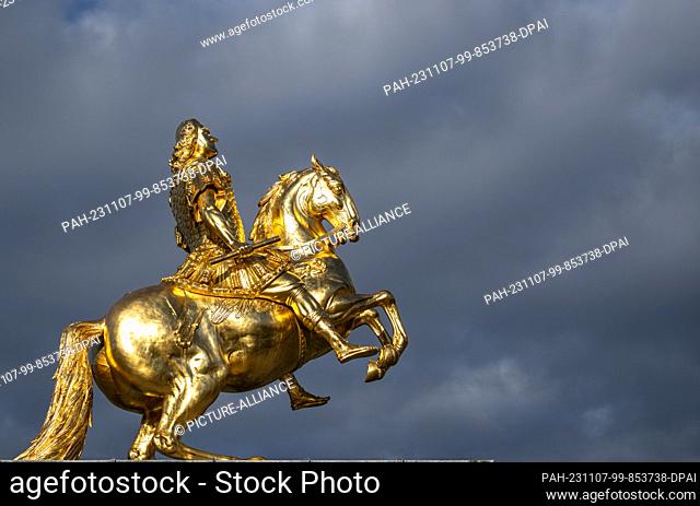 07 November 2023, Saxony, Dresden: In the morning, the sun shines on the ""Golden Horseman"", the larger-than-life equestrian statue of the Saxon Elector...