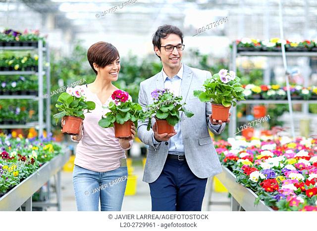 Couple buying flowers, garden center