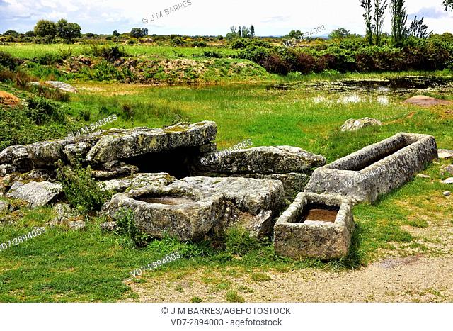 Popular architecture. Source or well and drinking trough building with granite blocks. Sayago, Zamora Province, Castilla-Leon, Spain