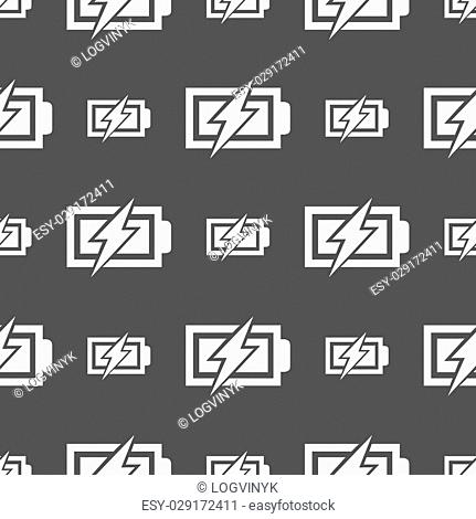 Battery charging sign icon. Lightning symbol. Seamless pattern on a gray background. Vector illustration