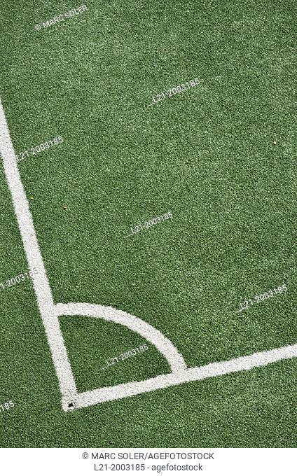 Football green grass field with corner white lines