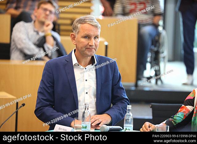 03 September 2022, Thuringia, Erfurt: Björn Höcke, chairman of the AfD in Thuringia, takes part in a question and answer session in the plenary hall at the...