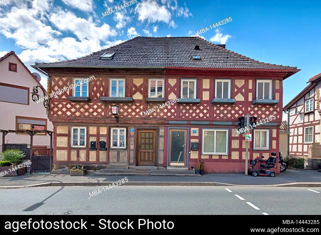 Zum Paula, former restaurant, house facade, half-timbering, spring, village view, Marktzeuln, Franconia, Bavaria, Germany, Europe