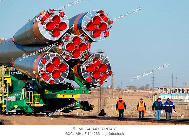 The Soyuz MS-04 spacecraft is rolled out to the launch pad by train on Monday, April 17, 2017 at the Baikonur Cosmodrome in Kazakhstan