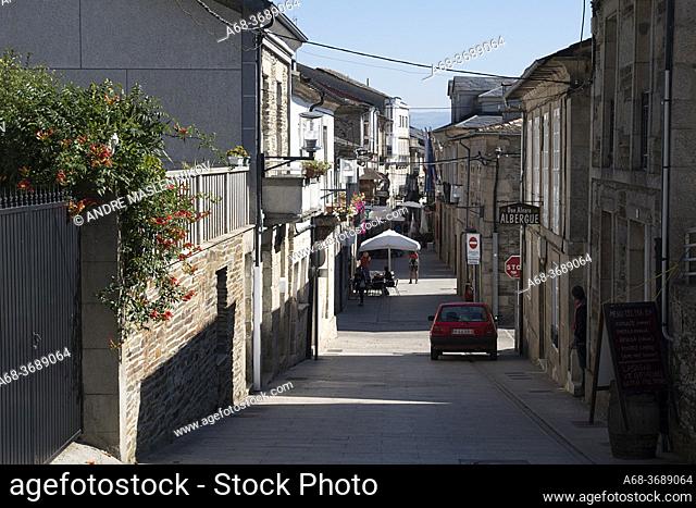 Street in Sarria, Galicia, Spain. Walking the Camino. Pilgrimage route to Santiago de Compostela. The Camino French Way traditionally starts in St