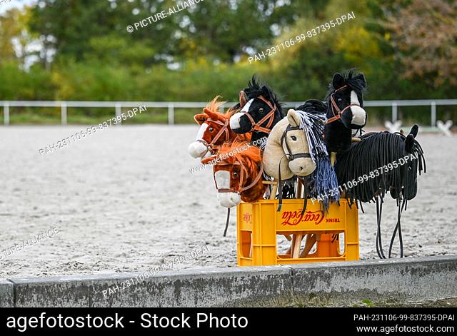 PRODUCTION - 03 November 2023, Saxony-Anhalt, Halle: Various hobby horses are waiting to be used in a riding arena. The Halle (Saale) Riding Club offers...