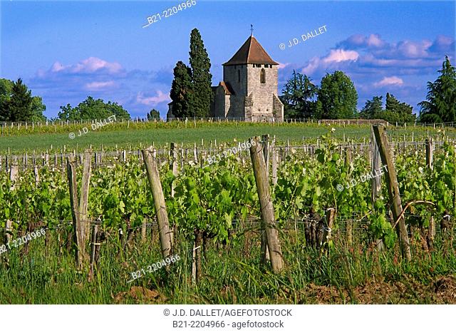12th century Romanesque church at Tayac, surrounded by vineyards. Côtes de Bordeaux demonination of origin in the Bordeaux wines district, Gironde, Aquitaine