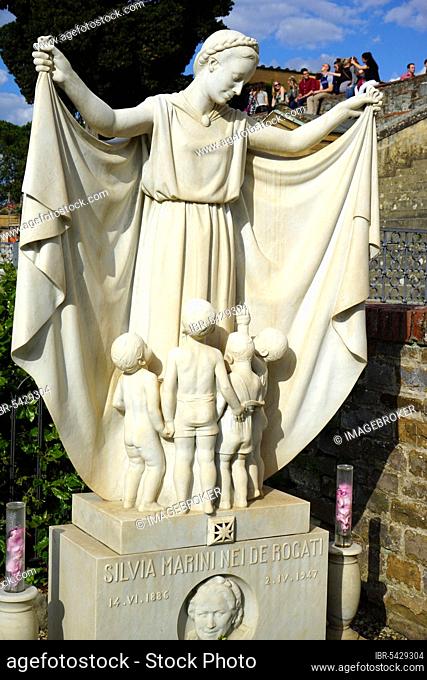 Statue at the tomb of Silvia Marini nei de Rogati, Porte Sante Cemetery, San Miniato al Monte, Florence, Tuscany, Basilica minor, Cimitero delle Porte Sante