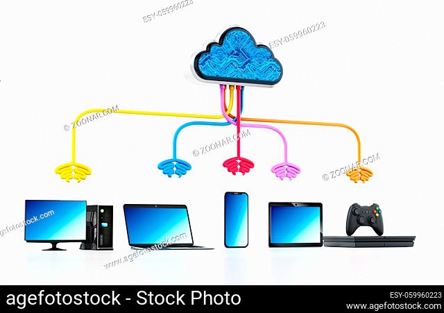 Cloud computing diagram with various connected device.. 3D illustration