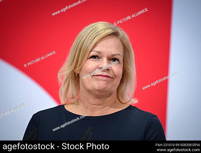 09 October 2023, Berlin: Federal Minister of the Interior Nancy Faeser, SPD top candidate in the state elections in Hesse