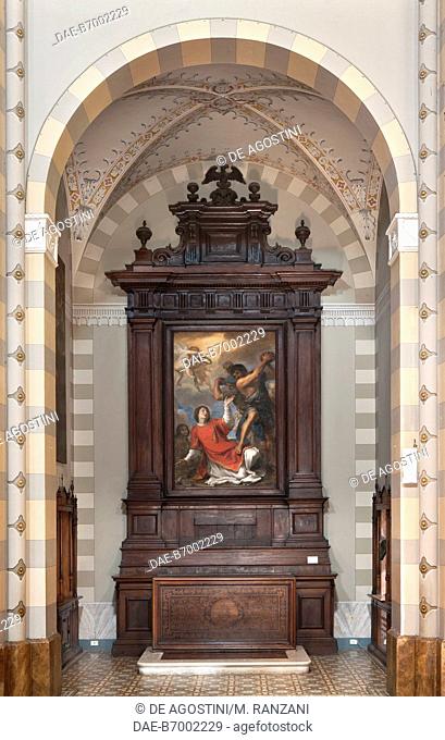 Wooden altar with the martyrdom of St Stephen, canvas by Luigi Primo (ca 1606-ca 1668), Convent of the Capuchin Fathers, Pesaro, Marche, Italy